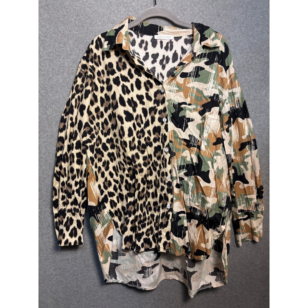 Made in Italy Leopard Camo Button‎ Up Shirt Animal Print Oversized Boho Chic